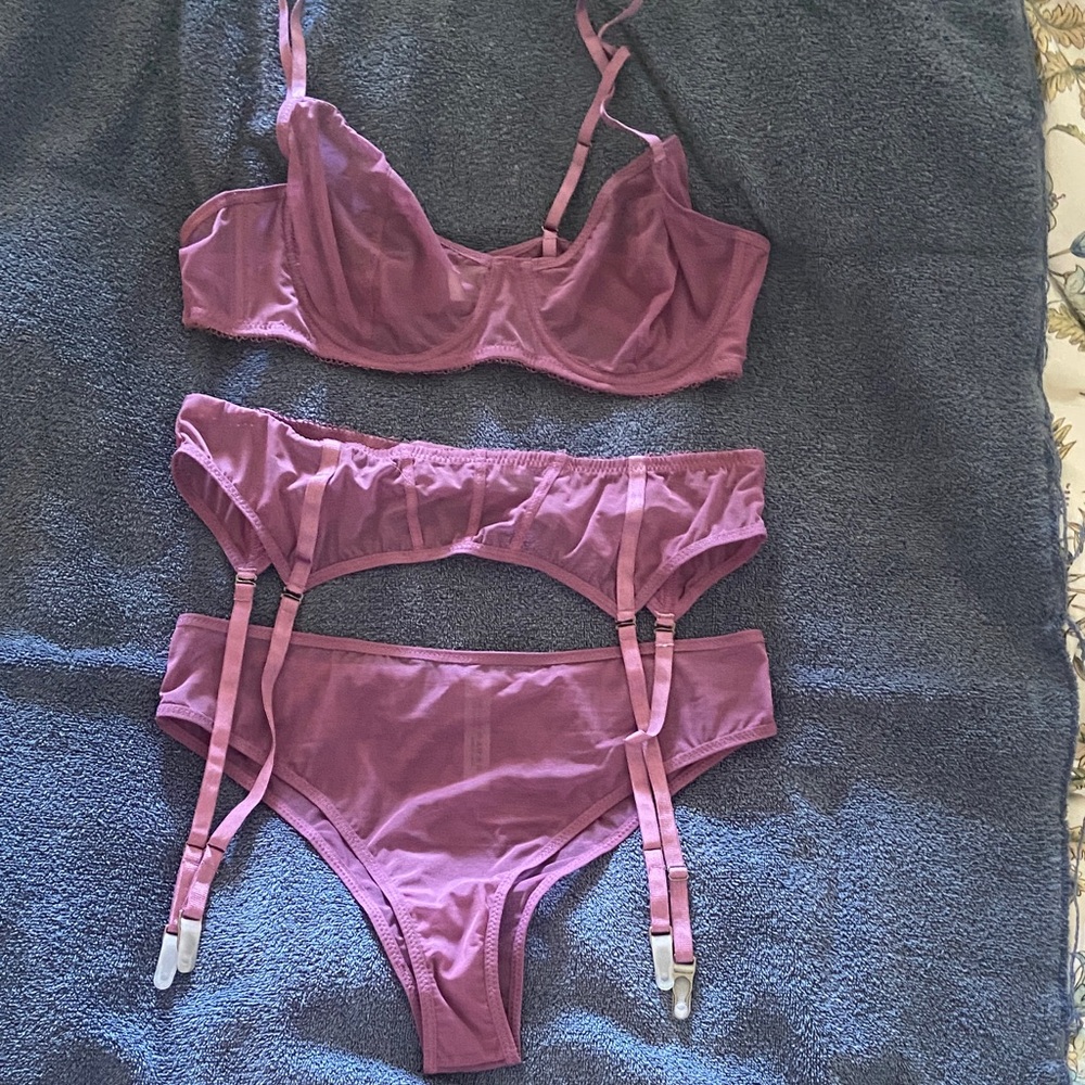 Elegant Mauve Bra and Garter Set